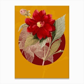Vintage Botanical Double Dahlias on Circle Red on Yellow n.0214 Canvas Print