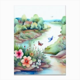 Watercolor Of Flowers And Butterflies Canvas Print