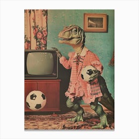 Dinosaur Playing Football Abstract Retro Collage 1 Canvas Print