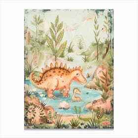 Cute Dinosaur Parent & Baby Dinosaur Bathing In The Lake Storybook Painting Canvas Print