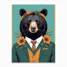 Floral Black Bear Portrait In A Suit (5) Canvas Print