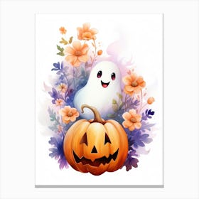 Cute Ghost With Pumpkins Halloween Watercolour 139 Canvas Print