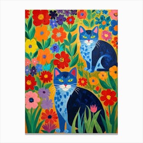 Blue Cats In A Flower Garden Canvas Print