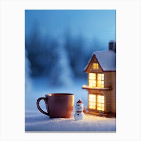 Macro Photography Of A Cup Cradling A Miniature House Windows Aglow With Warm Light Snow Covered T (1) Canvas Print