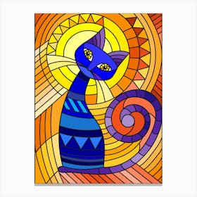 Stained Glass Illustration With Abstract Blue Geometric Cat On An Orange Background Canvas Print