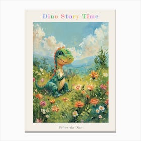 Cute Dinosaur In A Meadow Storybook Painting 1 Poster Canvas Print
