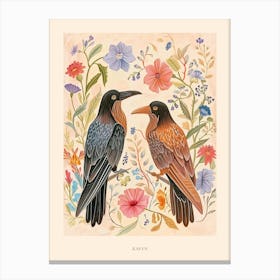 Folksy Floral Animal Drawing Raven 2 Poster Canvas Print