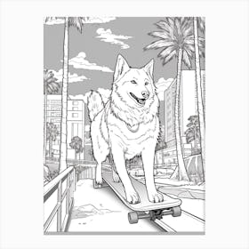 Alaskan Malamute Dog Skateboarding Line Art 4 Canvas Print