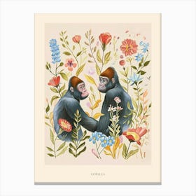 Folksy Floral Animal Drawing Gorilla 4 Poster Canvas Print
