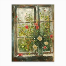 Roses Flowers On A Cottage Window 2 Canvas Print