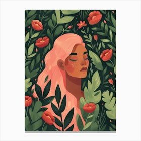 Girl With Pink Hair And Flowers Canvas Print