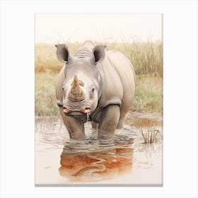 Vintage Illustration Of A Rhino In The Lake  4 Canvas Print