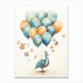 Peacock Flying With Autumn Fall Pumpkins And Balloons Watercolour Nursery 1 Canvas Print