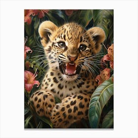 A Happy Front faced Leopard Cub In Tropical Flowers 16 Canvas Print