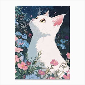 White Cat In Flowers Canvas Print