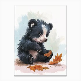Sloth Bear Cub Playing With A Fallen Leaf Storybook Illustration 3 Canvas Print