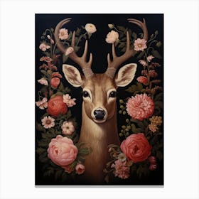 Deer Portrait With Rustic Flowers 0 Canvas Print