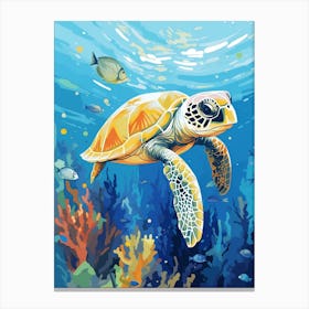 Block Colour Turtle Swimming Aqua 4 Canvas Print