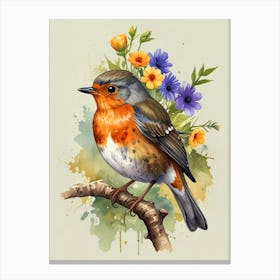 Bird of Robin With Flowers Canvas Print