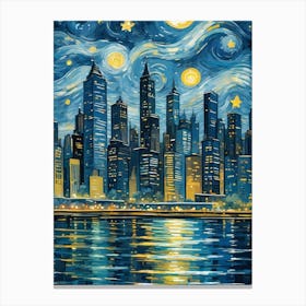 A starry night over a city skyline, with the stars and the moon reflecting on the skyscrapers and the water. The image would use Van Gogh’s characteristic swirls and strokes to create a dynamic and vibrant contrast between the natural and the urban elements. The image would also use complementary colors, such as blue and yellow, to create harmony and contrast. Starry Night Over the Rhone is an example of Van Gogh’s use of color and reflection in a night scene. Canvas Print