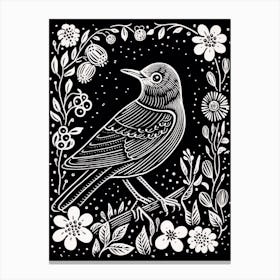 B&W Bird Linocut Cuckoo 2 Canvas Print