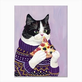 Happy Black And White Cat Pizza Lover Folk Illustration 3 Canvas Print
