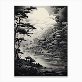 Amanohashidate In Kyoto, Ukiyo E Black And White Line Art Drawing 4 Canvas Print