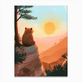 Sloth Bear Looking At A Sunset From A Mountaintop Storybook Illustration 2 Canvas Print