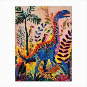 Colourful Blue Dinosaur With Parrots Canvas Print