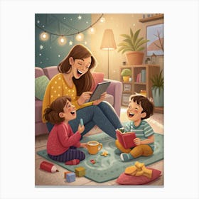 Mother And Children Reading A Book Canvas Print