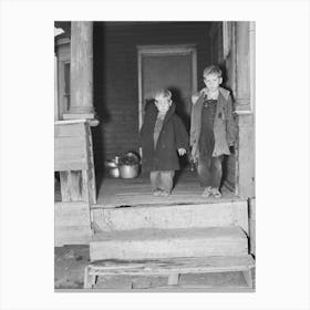 Two Children Of Carl Thorson On Porch Of Home, Crosby, North Dakota By Russell Lee Canvas Print