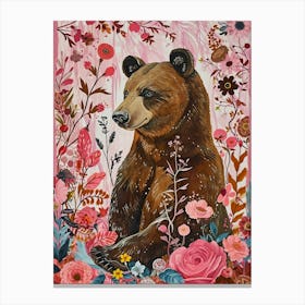 Floral Animal Painting Brown Bear 3 Canvas Print