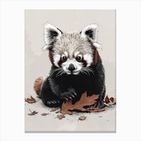 Red Panda Cub Playing With A Fallen Leaf Ink Illustration 2 Canvas Print