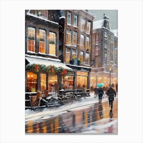 Amsterdam cafes, winter season, Christmas, autumn oil colors, pale colors, pedestrians in the street, winter clothes, falling snow.11 2 Leinwandbilder