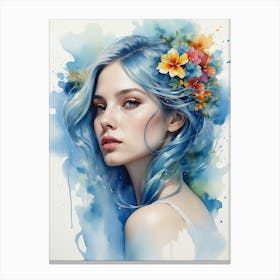 Watercolor Of A Girl With Blue Hair Canvas Print