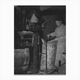 Sewing Bag Of Rice Brand After Being Weighed In Rice Packaging Process,Crowley, Louisiana By Russell Lee Canvas Print