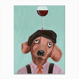 French Dachshund With Wineglass Mint & Brown Canvas Print