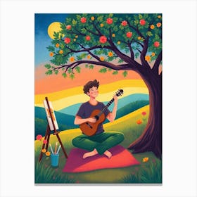 Man Playing Guitar Under An Apple Tree art print Serene Landscape Art Canvas Print