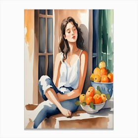 Watercolor Of A Girl With Oranges Canvas Print