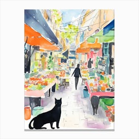 Food Market With Cats In Kyoto 4 Watercolour Canvas Print