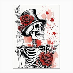 Floral Skeleton With Hat Ink Painting (86) Canvas Print