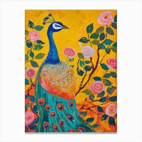Peacock With The Roses Painting 3 Canvas Print