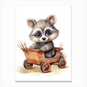 Baby Raccoon On A Toy Car, Watercolour Nursery 0 Canvas Print