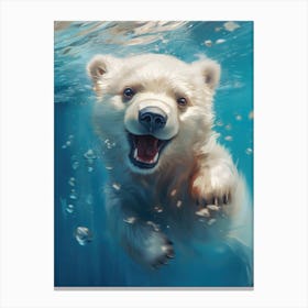Cute Baby Polar Bear Swimming under Water Canvas Print