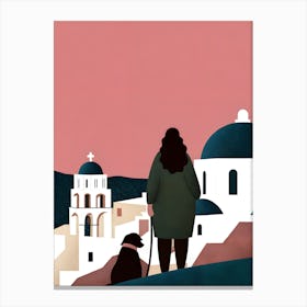 Woman And Black Dog In Greece Canvas Print