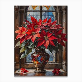 Crimson Glow Beneath Stained Glass: Poinsettia Still Live Canvas Print