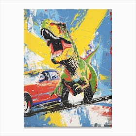 Retro Dinosaur With Classic Car Paint Splash Canvas Print