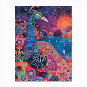 Dotwork Peacock At Night By The River Canvas Print