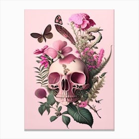 Skull With Butterfly Motifs Pink Botanical Canvas Print