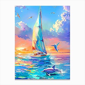 Sailboat And Dolphins Canvas Print